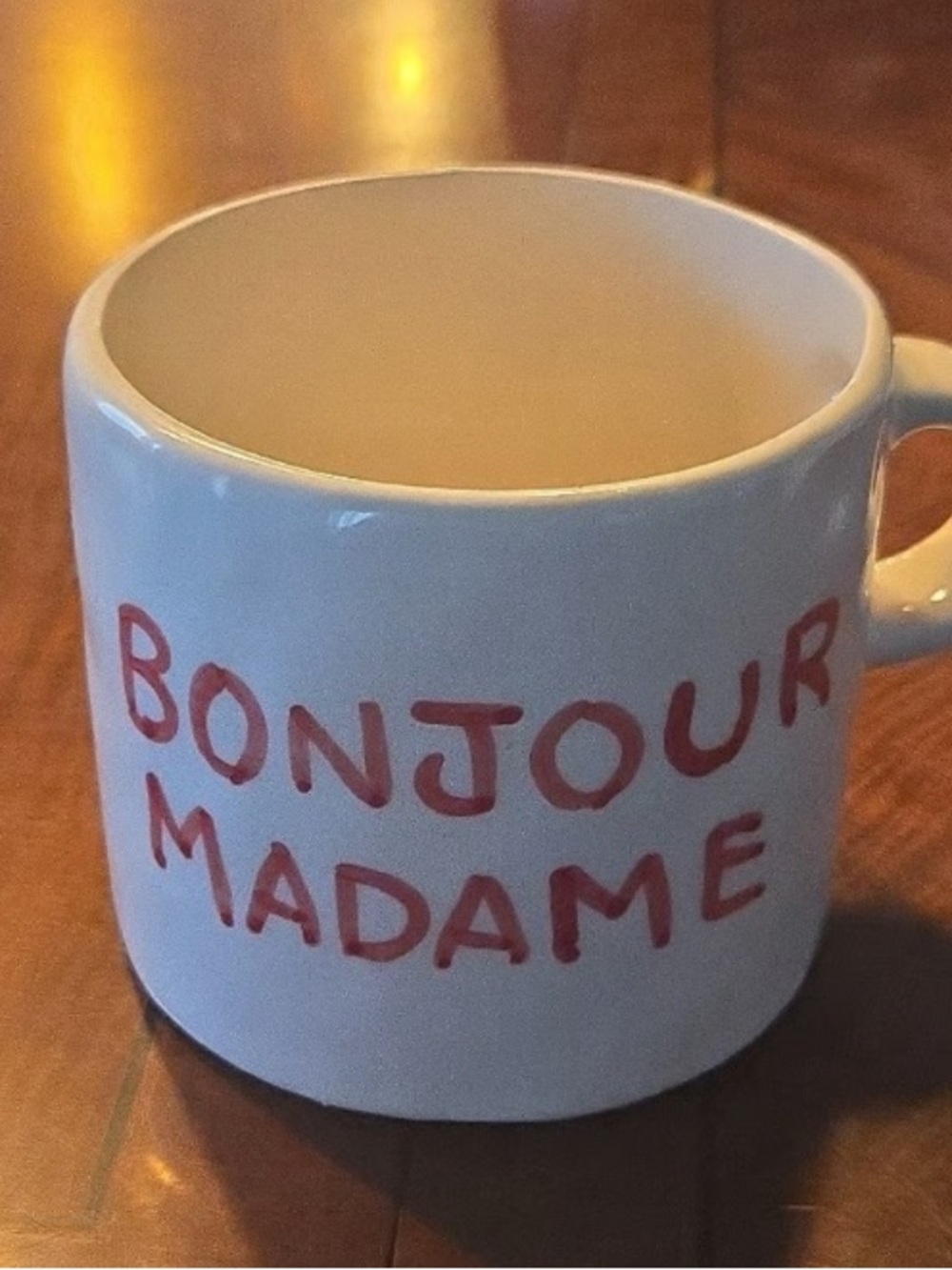 White Ceramic Mug with Red "Bonjour Madame" Script